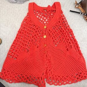 Free People Red Crochet Cardigan